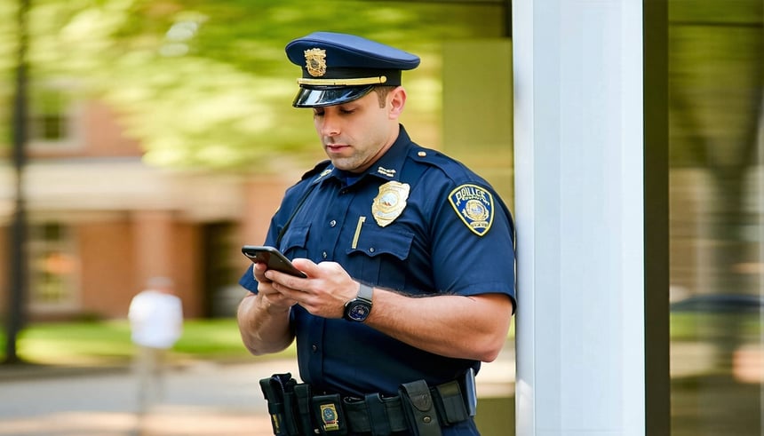 Police officer dressed in uniform on parole and holding a smartphone