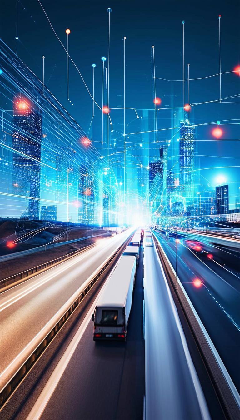 Create an image that visually represents the concept of realtime fleet management with a focus on visibility, optimization, and comprehensive control.