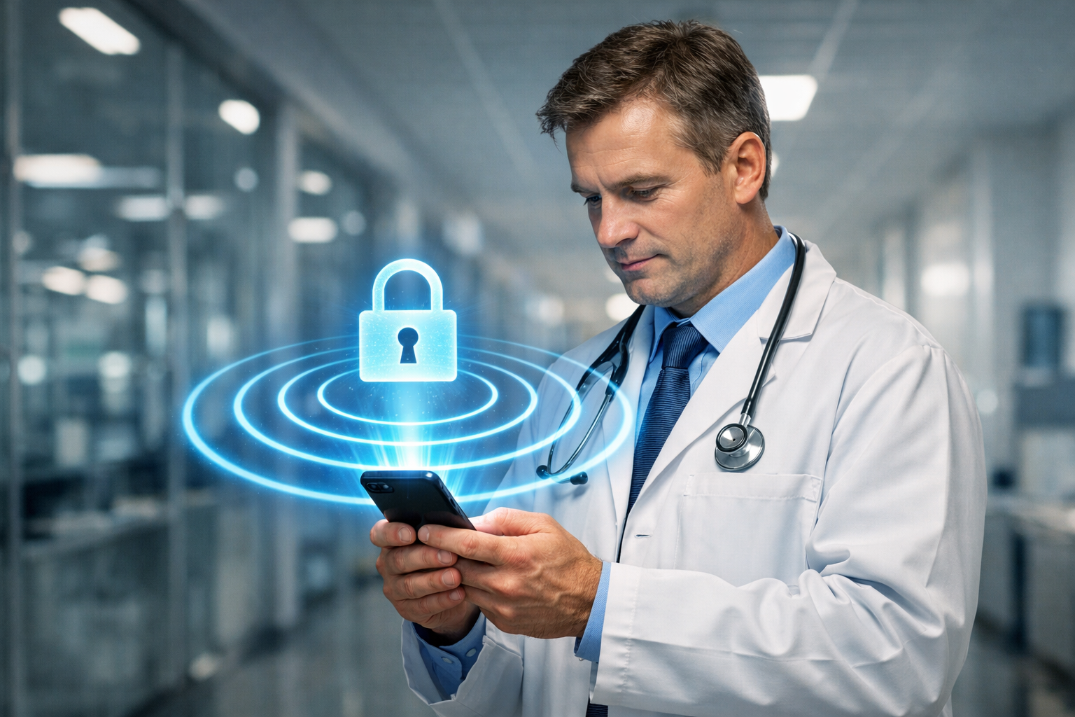Doctor Examining Mobile Device in Research Hallway