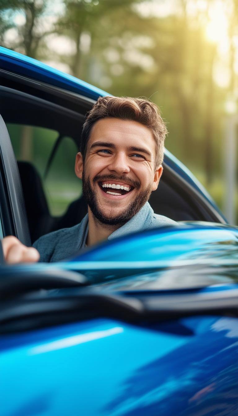 happy customer driving a car blue hue