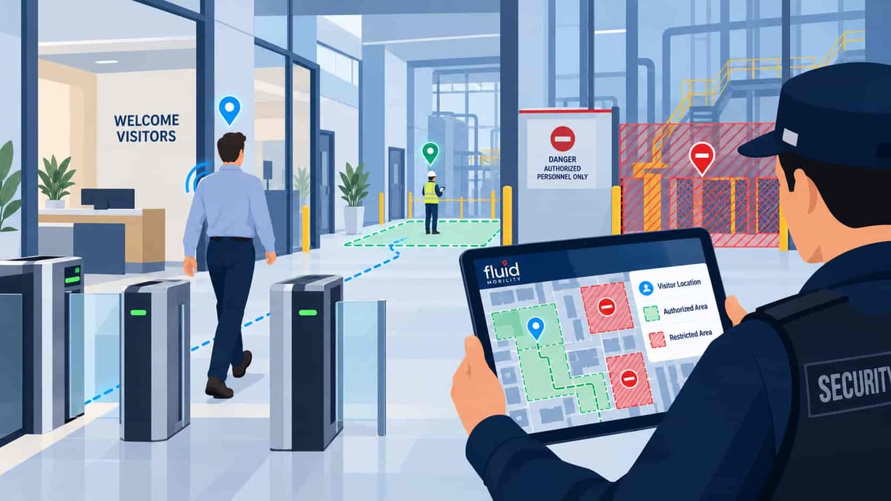 Visitor wearing a BLE badge at a secure facility where Fluid Mobility uses RTLS and geofencing for automated visitor tracking and security monitoring.