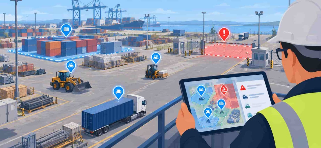Heavy equipment and cargo containers at an industrial logistics facility monitored using GPS geofencing, RTLS asset tracking, and Fluid Mobility's automated security workflows.