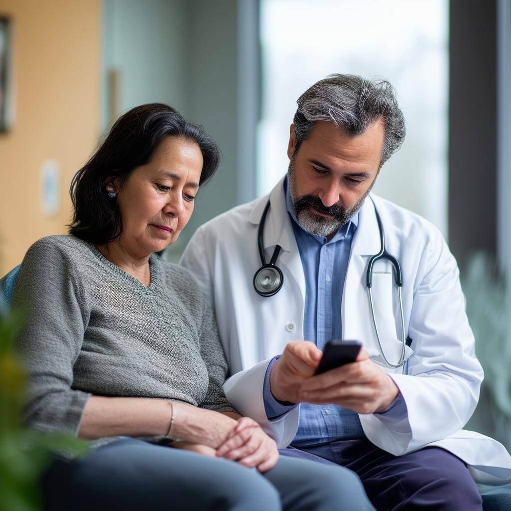 A doctor looking at their phone beside a patient