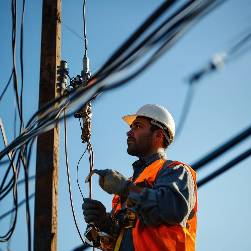 A lone worker in a construction hat working with electric cables outside