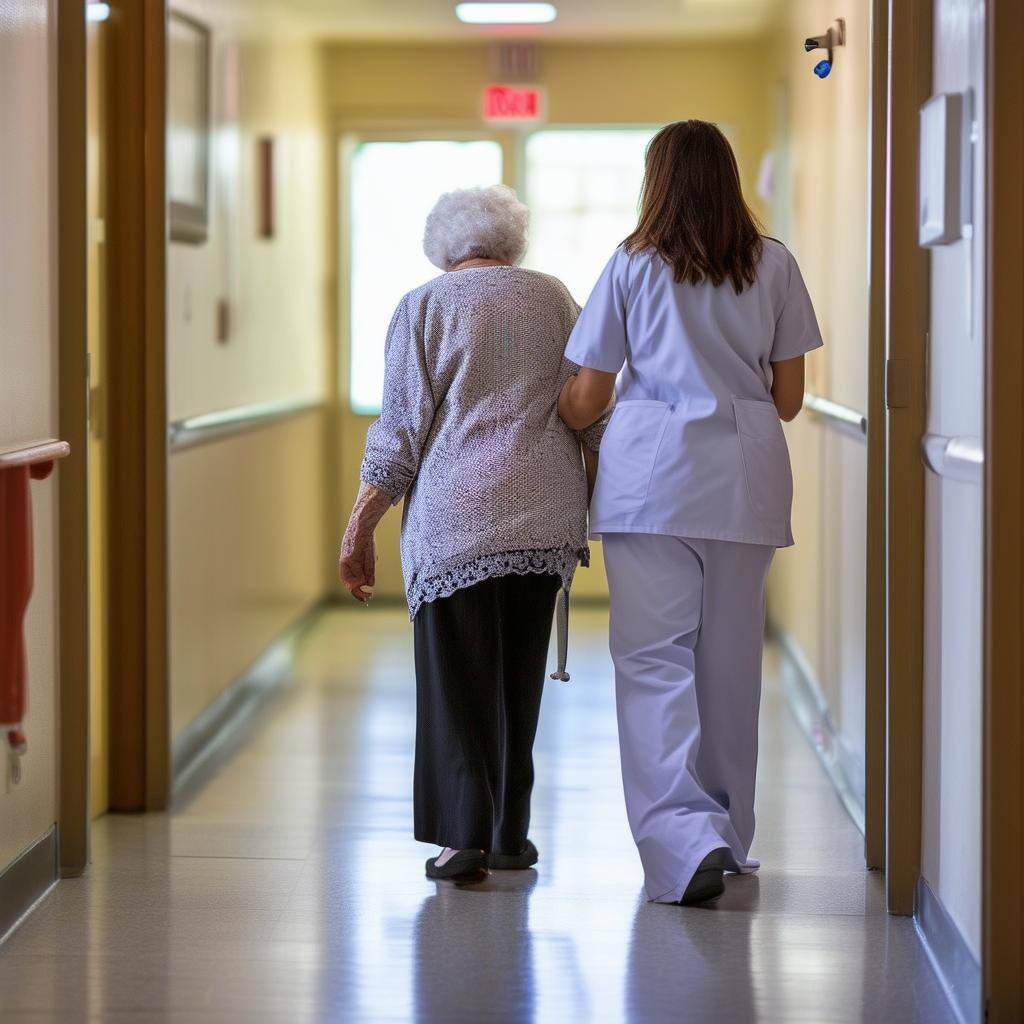 A nurse is helping an elderly patient walk down a hallway at a longterm care home