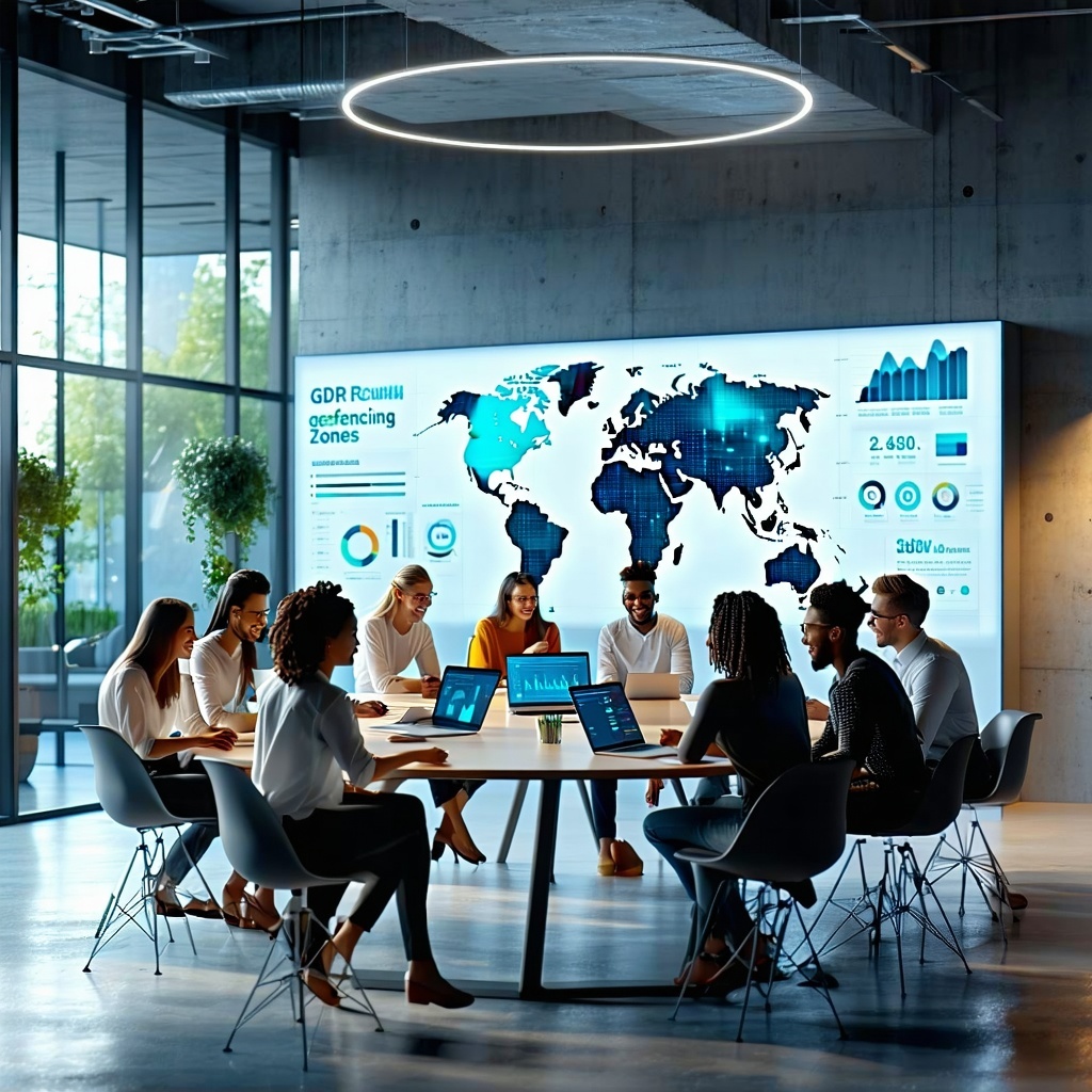 A sleek modern office space is depicted with a large open layout featuring glass walls that allow natural light to flood in In the foreground a group of diverse employees is engaged in a collaborative discussion around a circular table each with a co