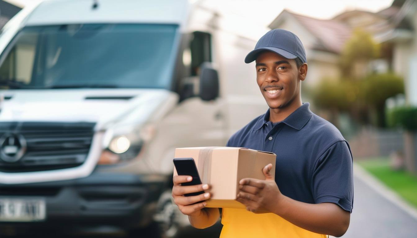 Delivery persons with a smartphone in hand getting package our of delivery van getting ready to complete a delivery in a neighborhood, please use a pl