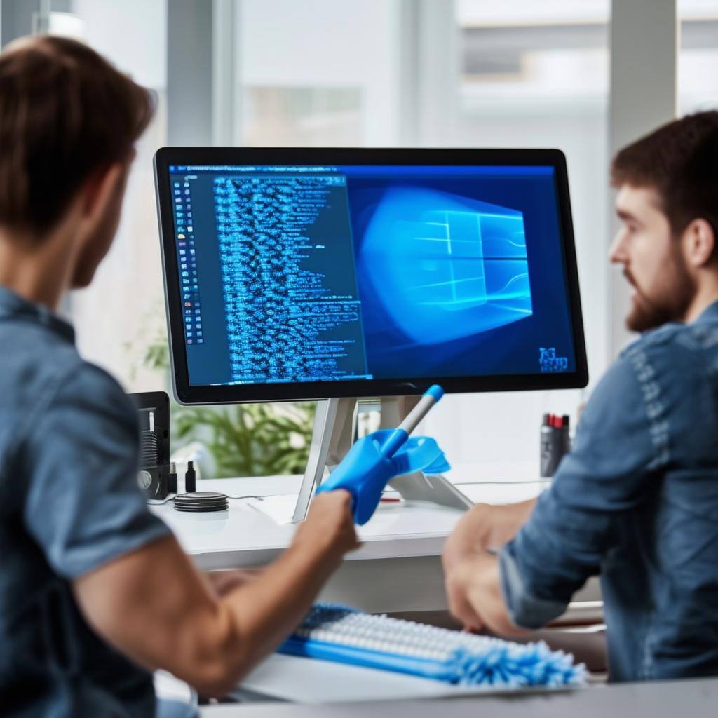 IT team looking a computer monitor with a digital mop