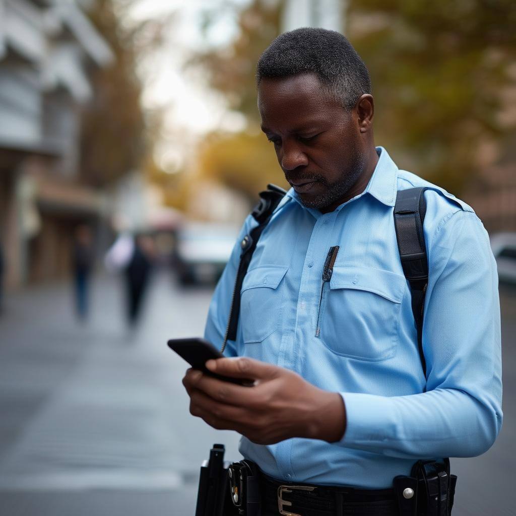 Parole officer walking with smartphone