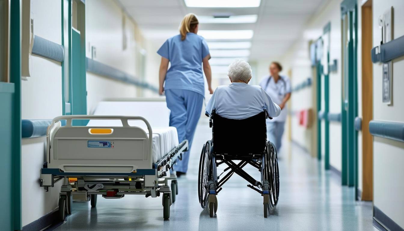 a nurse pulling a hospital bed down the hallway of a hospital