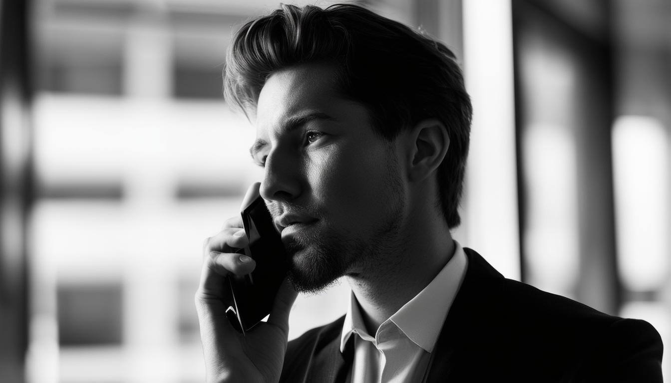 black and white image with a professional businessperson holding a phone and looking thoughtful