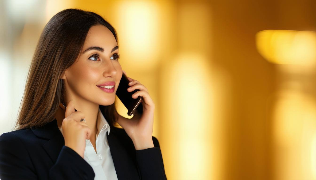 business woman on phone looking confident with a golden background or hue