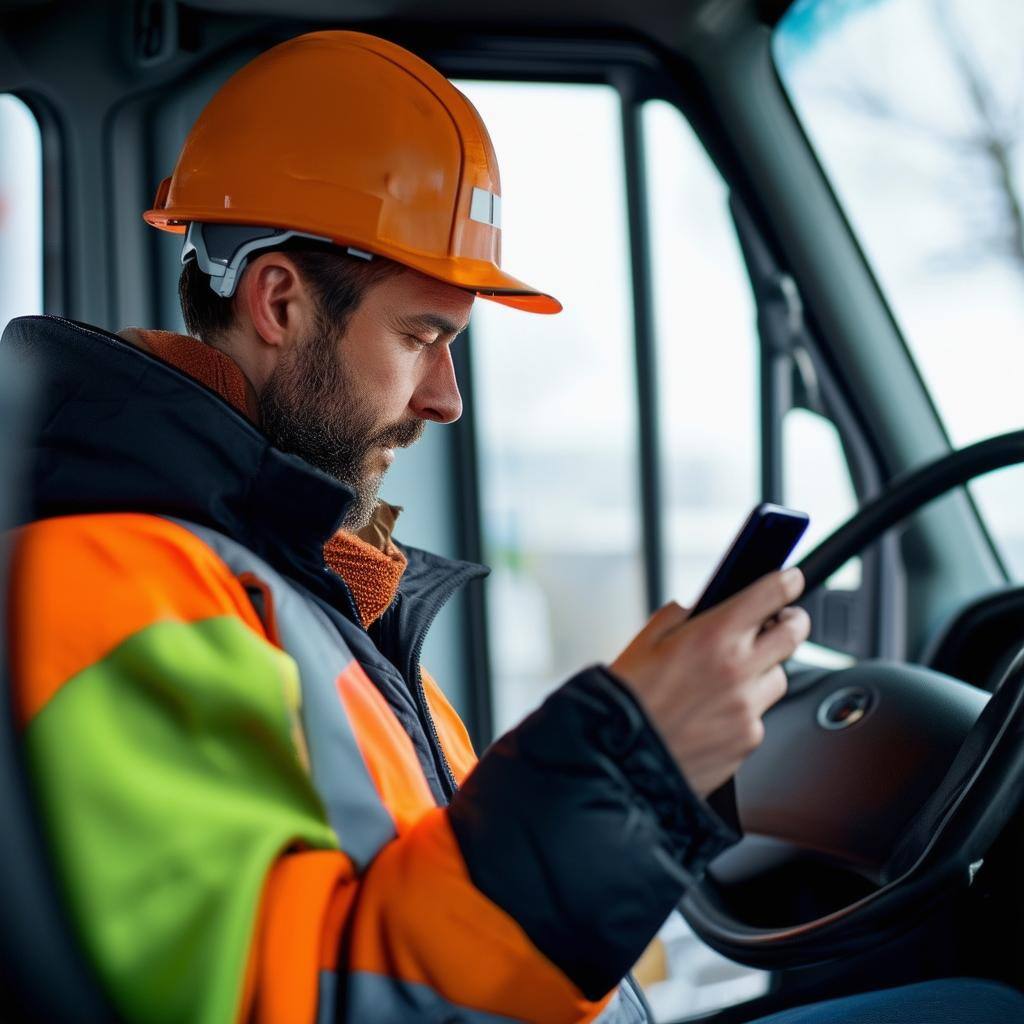 driver in a work vehicle looking at smartphone