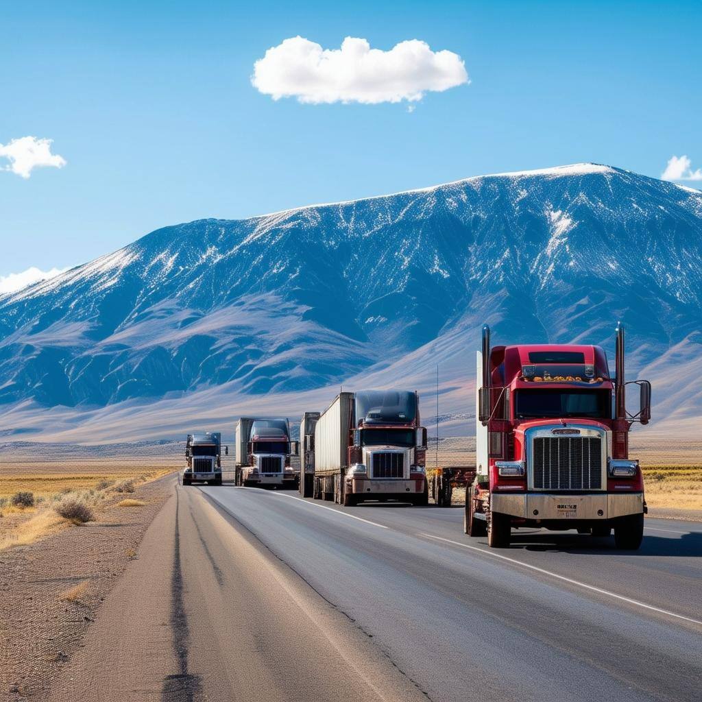 group of trucks on the open road with a mountain in foreground