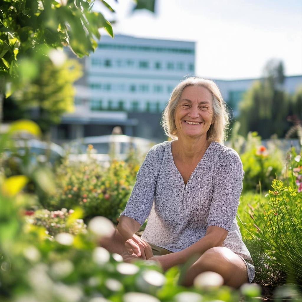 happy patient sitting in garden with hospital in background