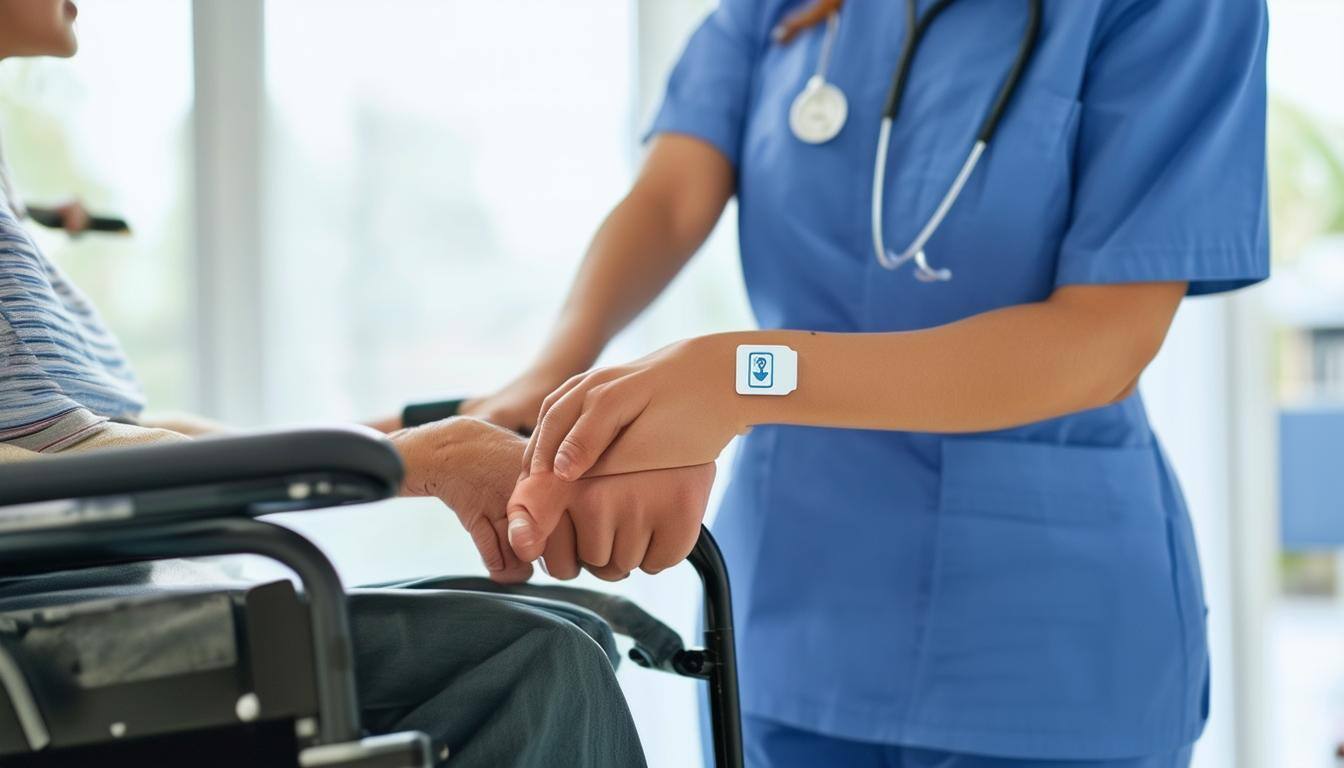 nurse in uniform pushing a patient is a wheelchair, please add a BLE tag to patients wrist-1