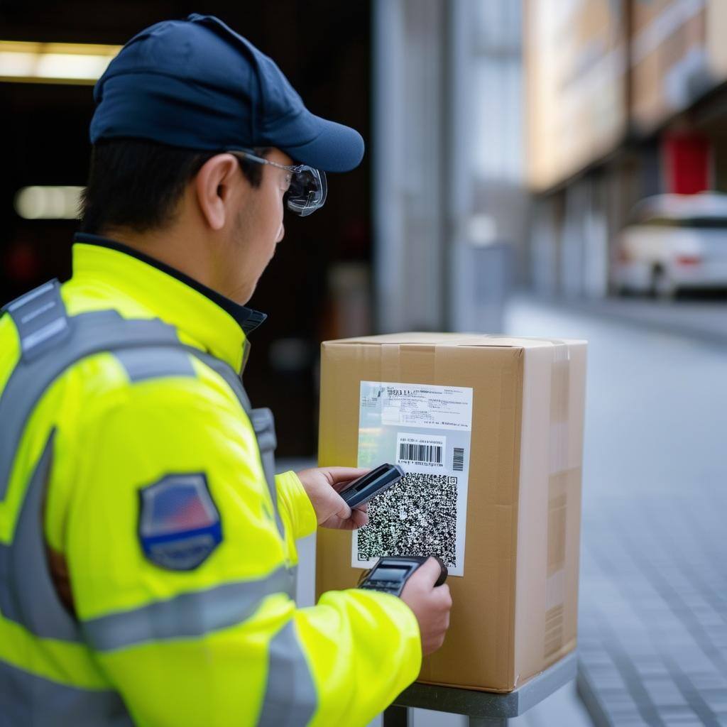 security officer scanning a qrcode on a package