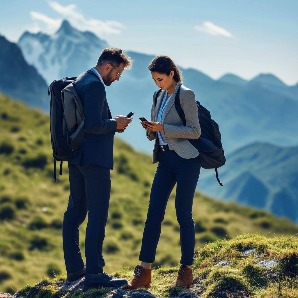 two businesspeople lost on a mountain trying to use their smartphone