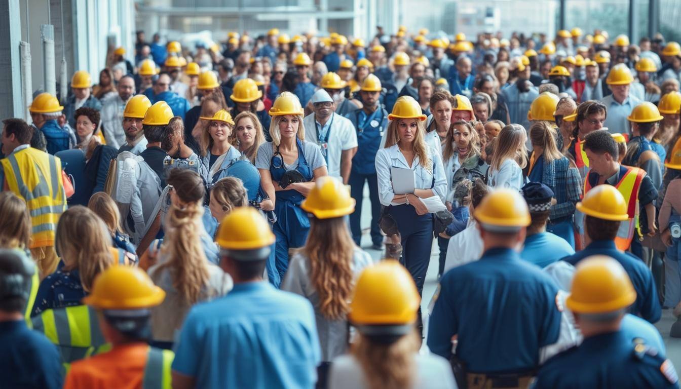 wide shot image filled with people from different work peole like, business, nurses, construction, police
