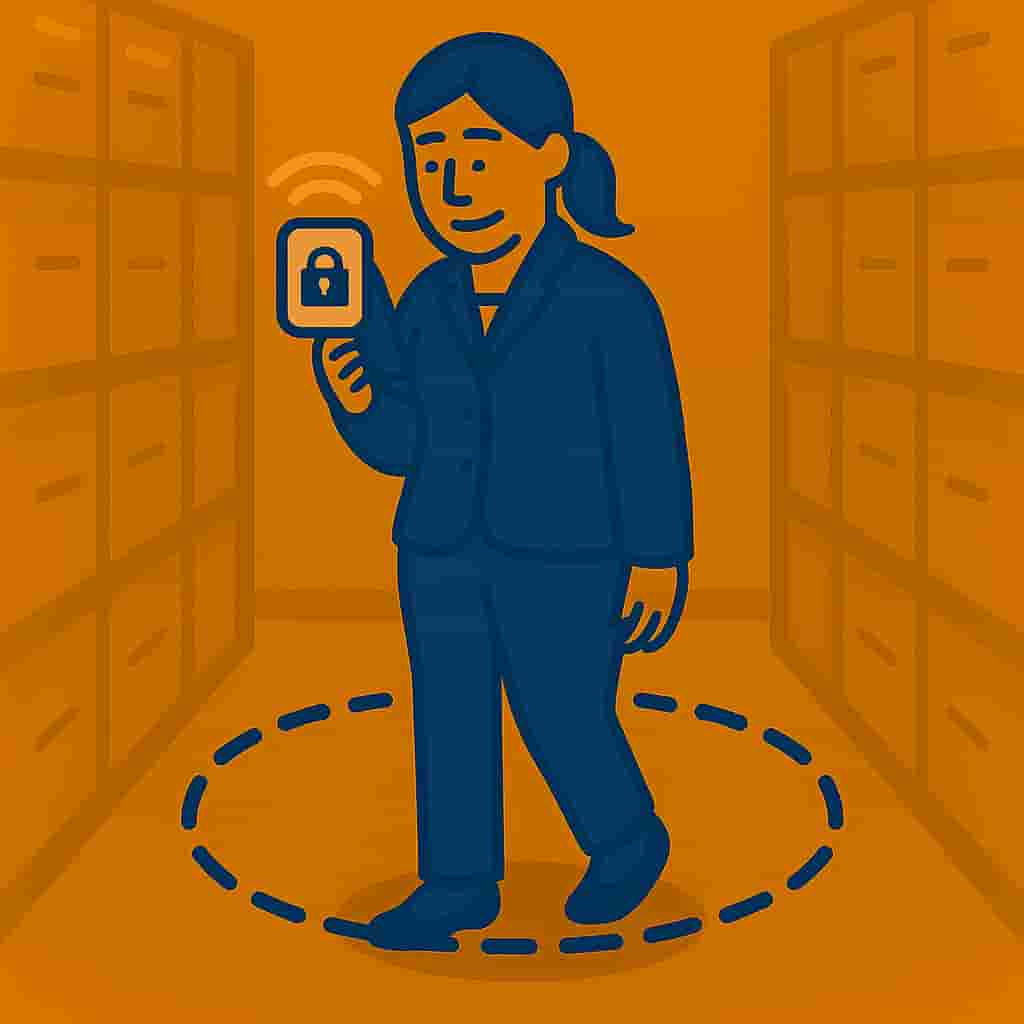 A mobile device is being locked as its user has entered a secure area. A mobile device is being locked as its user has entered a secure area.