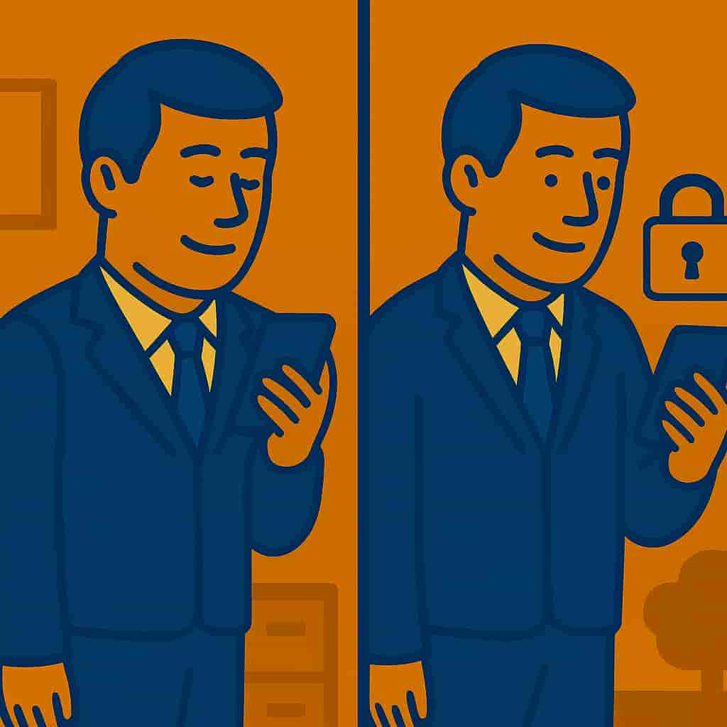 A mobile device's application security processes are being triggered to protect sensitive corporate data. 